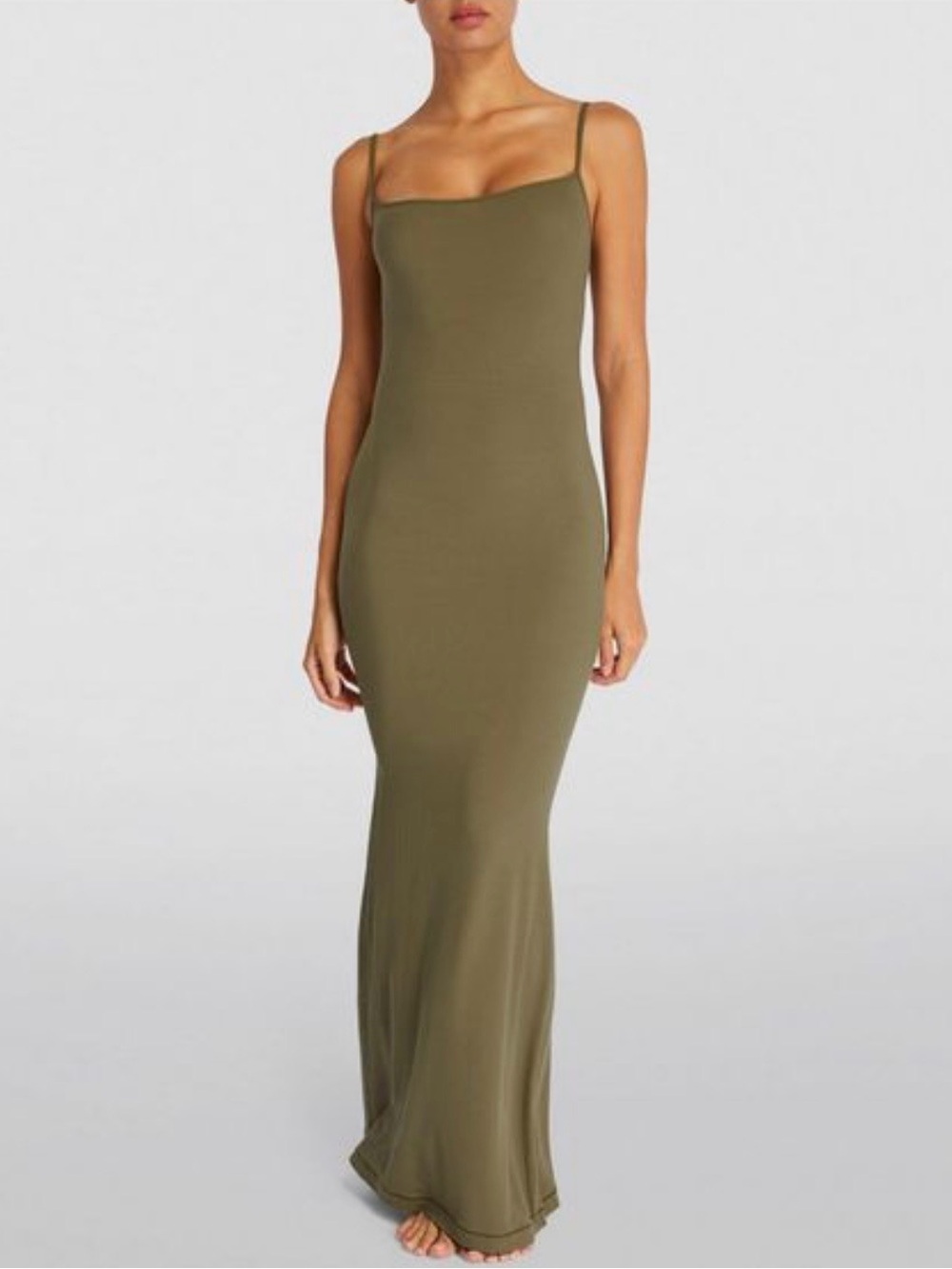 Skims Soft Lounge Long Slip Dress Olive Green Size XL Ribbed Stretch Comfy Maxi